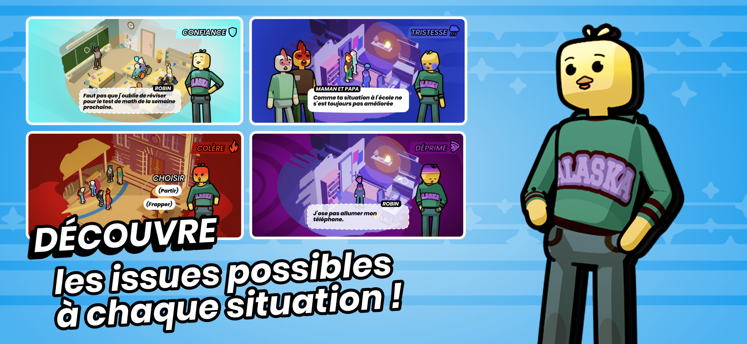 Capture du jeu NoWay! : quatre fins différentes d’une même histoire, avec le texte « Découvre les issues possibles à chaque situation ! »